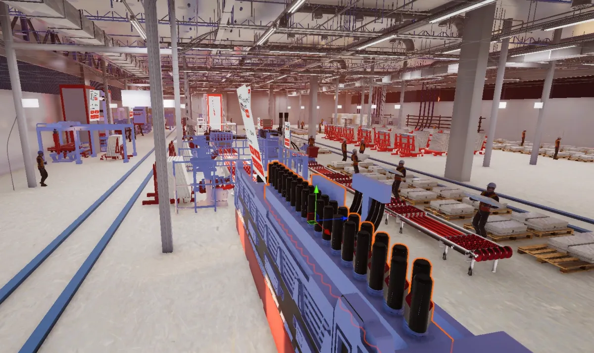 AEK Marble Factory digital twin visualization showing hangar operations and live performance data