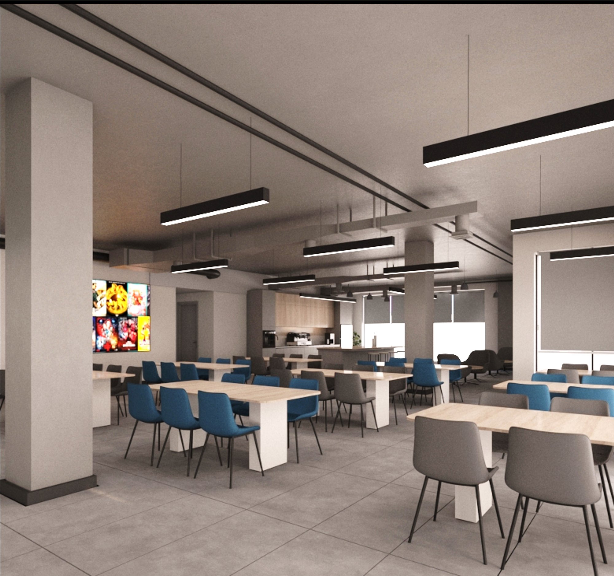 Al Musafer cafeteria with long wood dining tables, blue accent chairs, and industrial pendant lighting