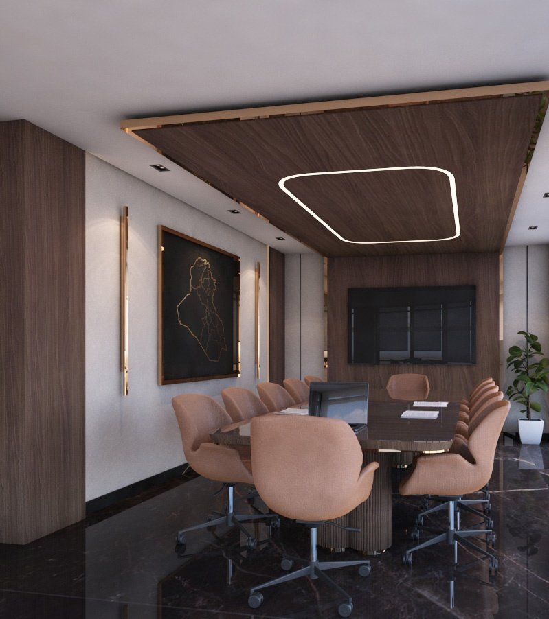 Al Haj Offices boardroom with walnut ceiling panels, linear pendant light, and polished marble floor