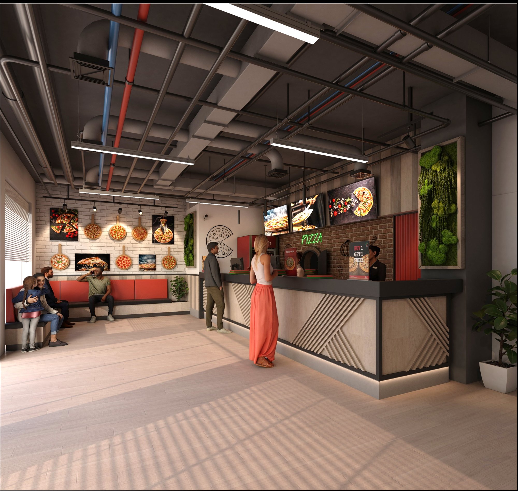 ALQYSAR Jubeha industrial pizzeria with exposed ducts, live moss wall, and red accent brand color