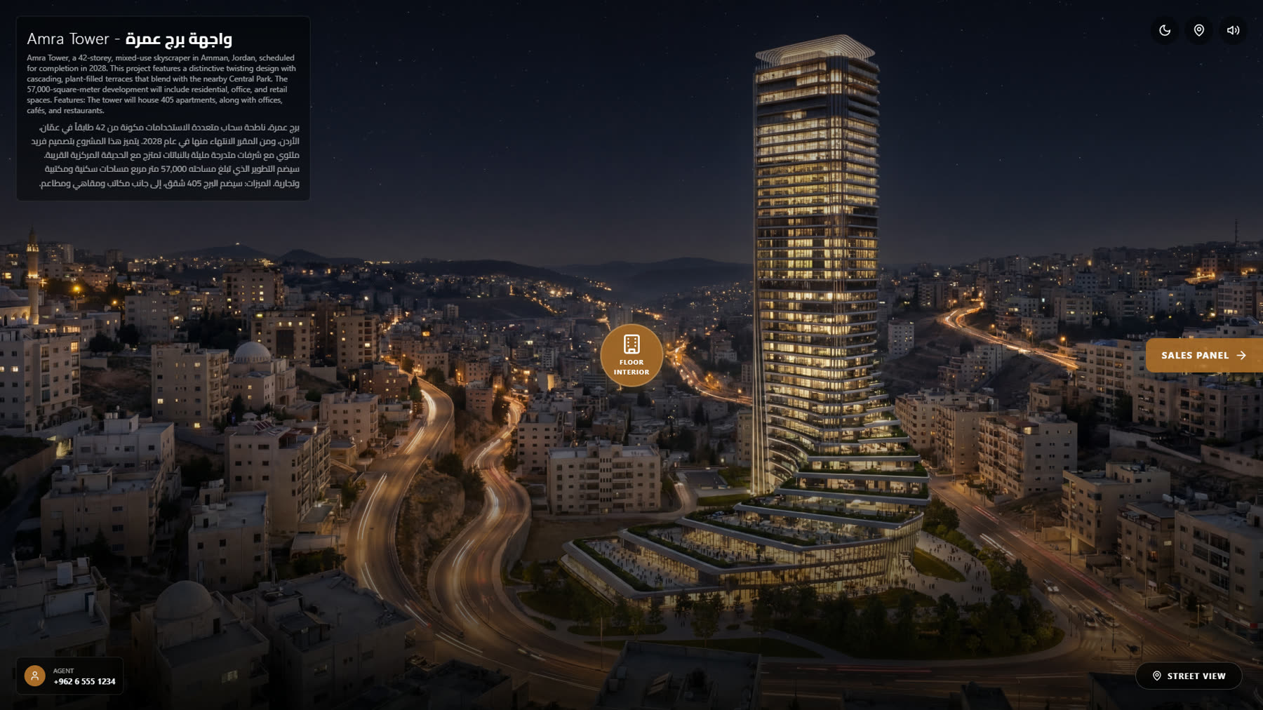 Amra Tower photorealistic 3D night-view visualization used for interactive real estate sales