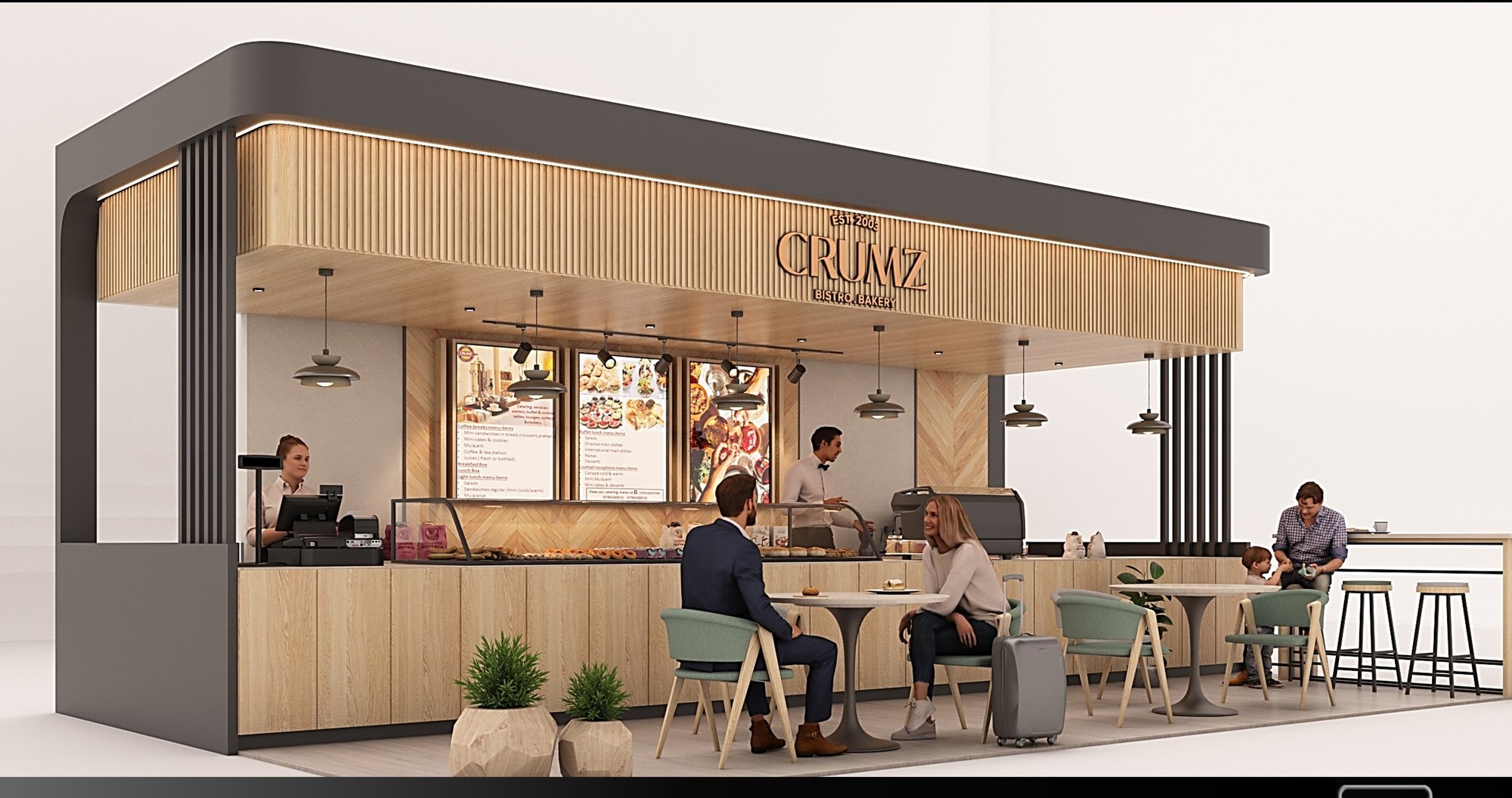Crumz Airport café kiosk with wood-slat canopy, illuminated menu, and short service counter
