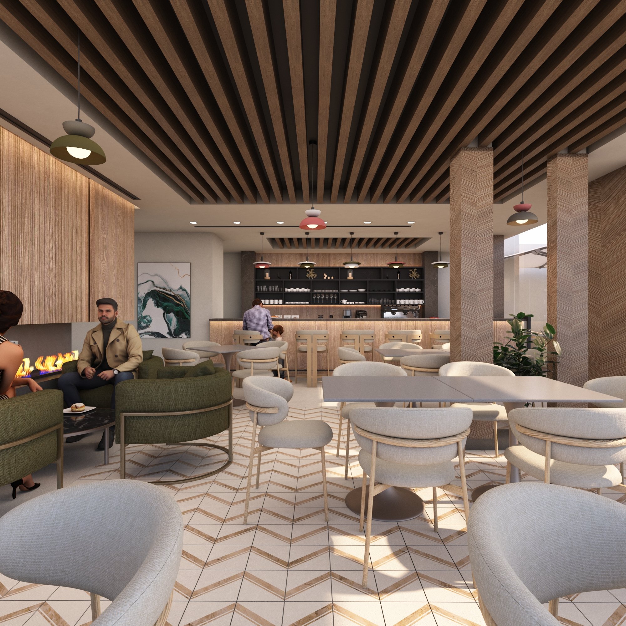 Crumz café lounge interior with slatted wood ceiling, olive green armchairs, and patterned tile floor