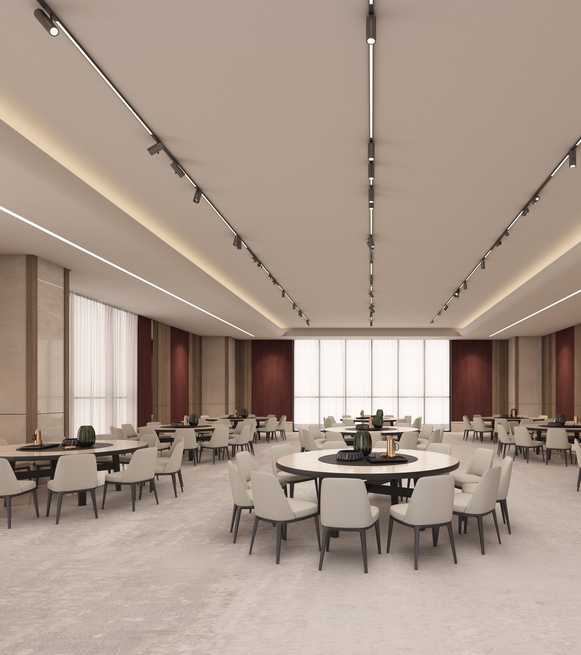 Ramallah event hall with round banquet tables, neutral palette, and burgundy accent walls