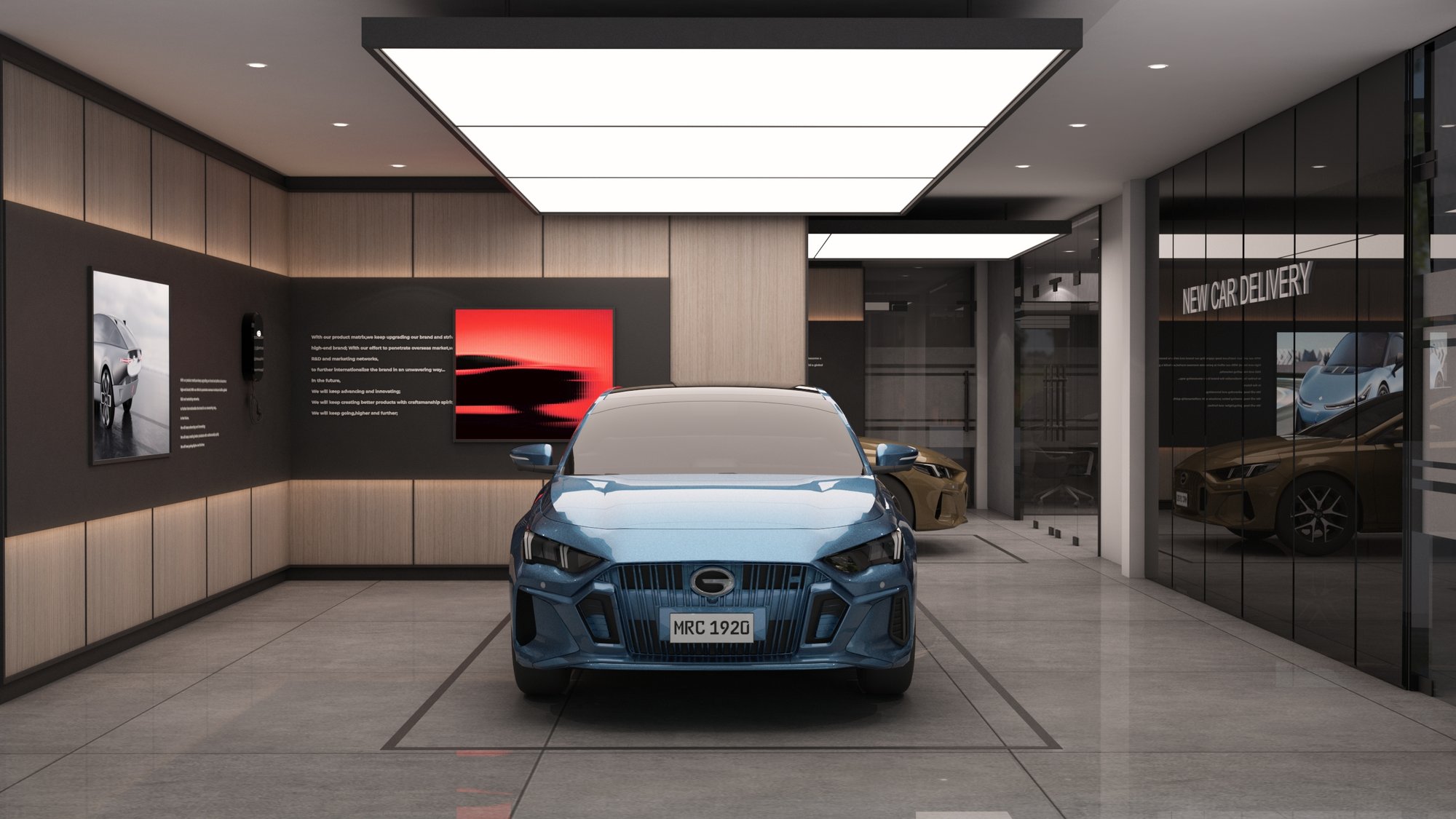 GAC automotive showroom with rotating display platforms, recessed ceiling light coves, and brand walls