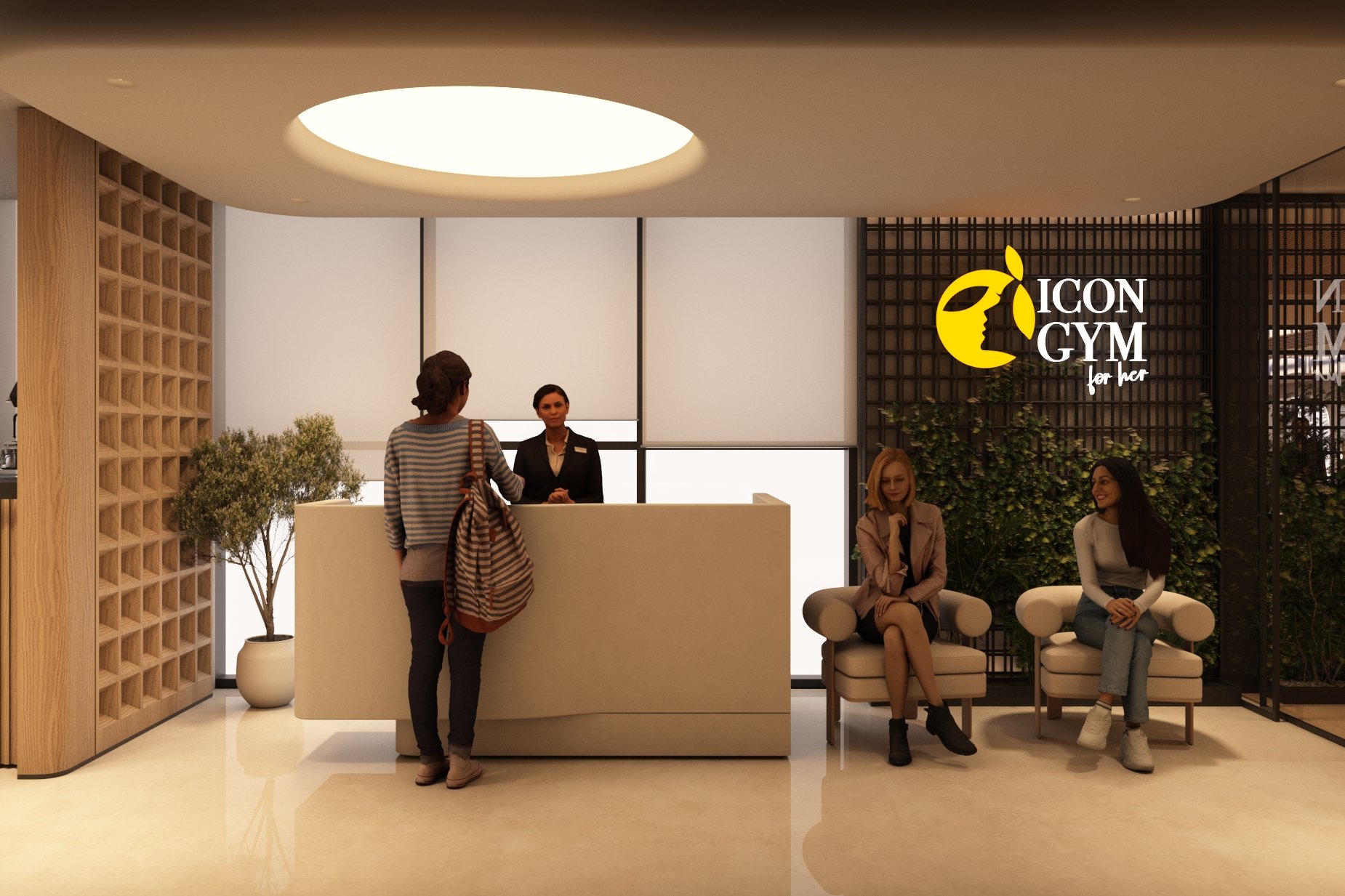 Icon Gym members-only wellness floor with warm tones, thoughtful transitions, and welcoming reception