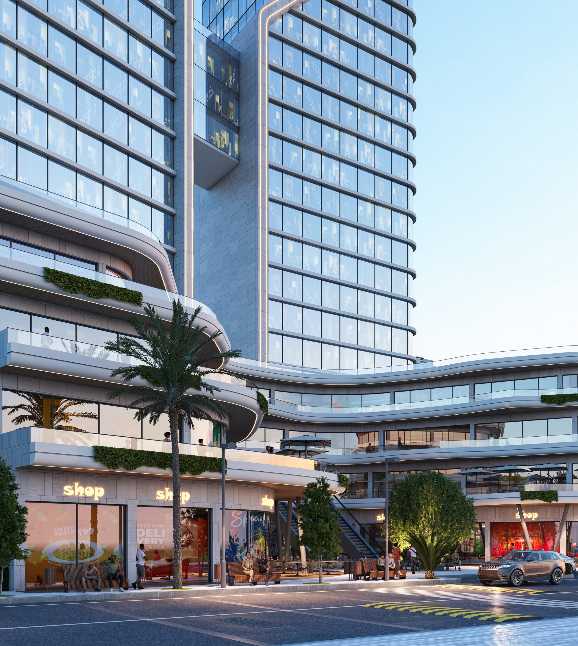 Khalil Aitam Tower — twin glass high-rises with sculpted rooflines and retail podium at ground level