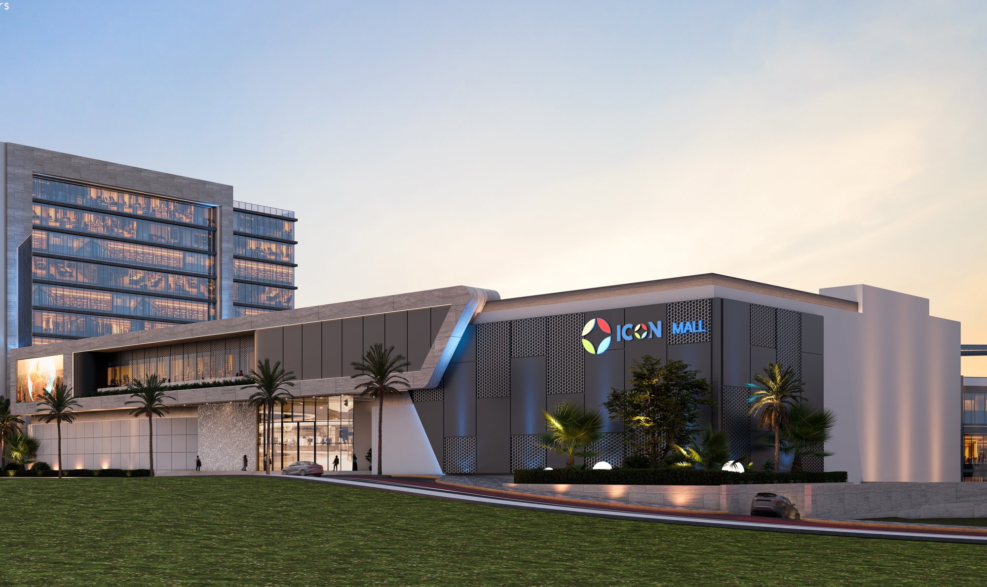 Icon Mall Nablus — regional shopping destination with illuminated signage and urban forecourt