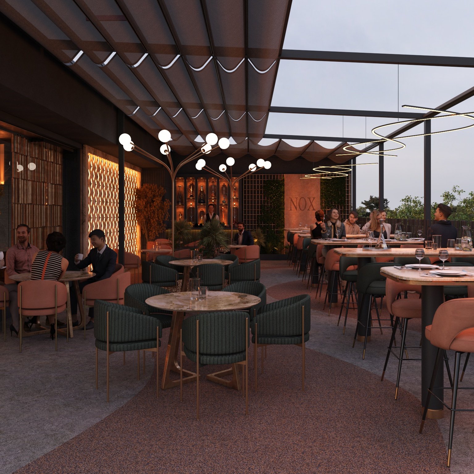 NOX Lounge rooftop terrace with ambient pendant lighting, plush seating, and warm evening tones