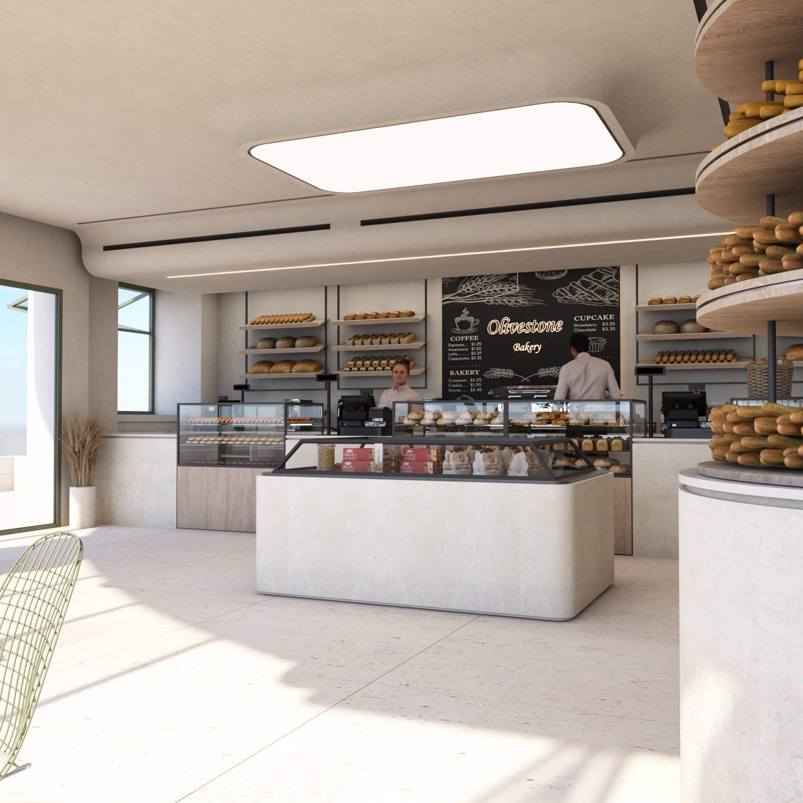 Olivestone multi-venue — bakery interior with shared material language across floors